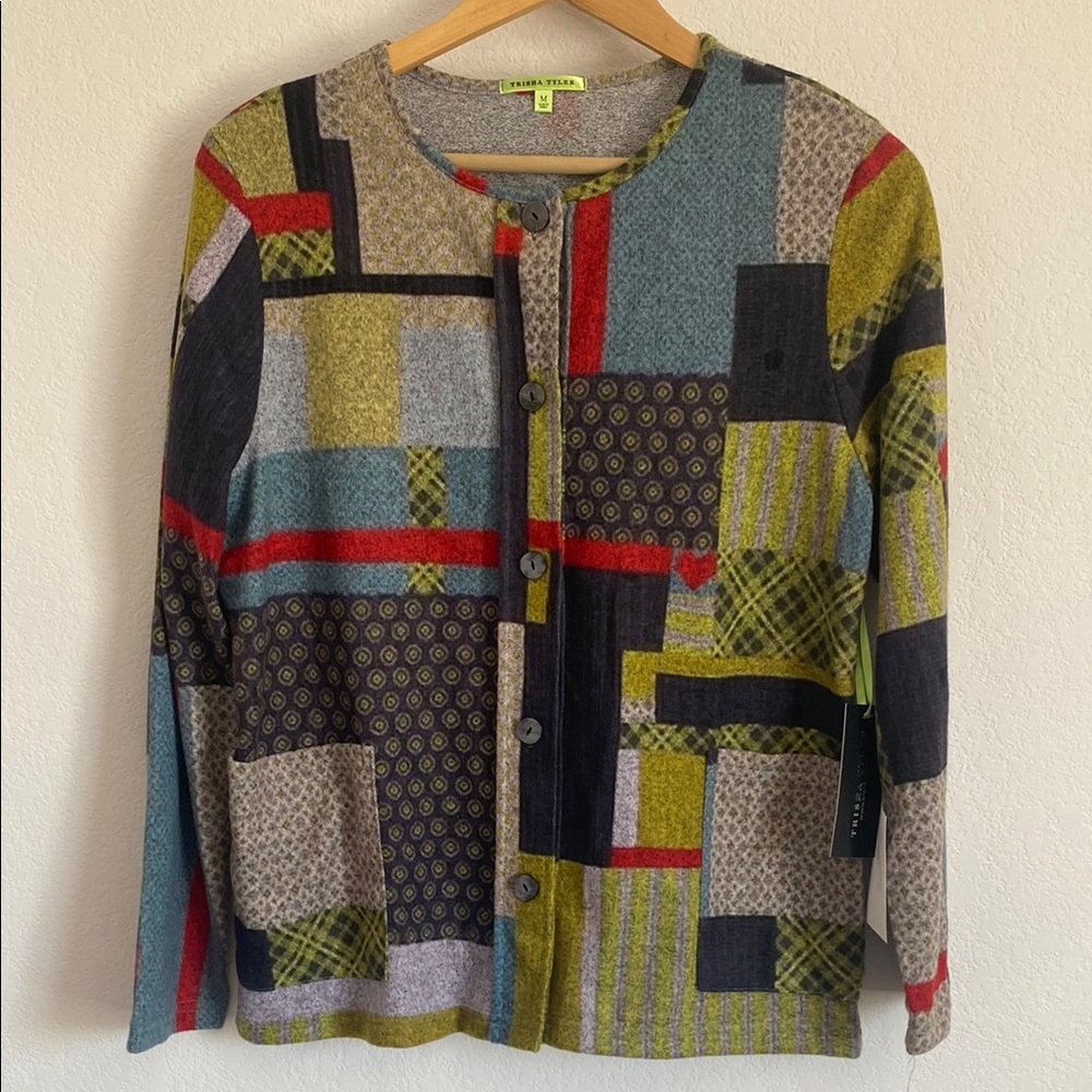 Trisha Tyler Cardigan NWT Colorful Patchwork Pattern Sweater w Shell Buttons M